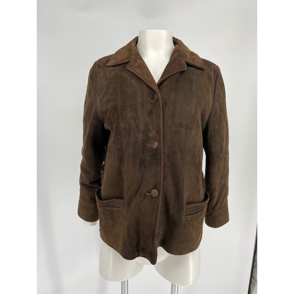 Womens Vintage Brown Suede Leather‎ Jacket Zip Out Lining 70s M Button Up Blazer